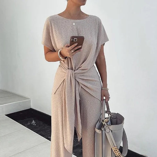 Knitted Pleated Lace-Up Graceful & Fashionable Pants Suit