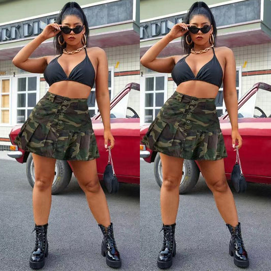 Camouflage Pleated Pocket Button Mini Skirt
