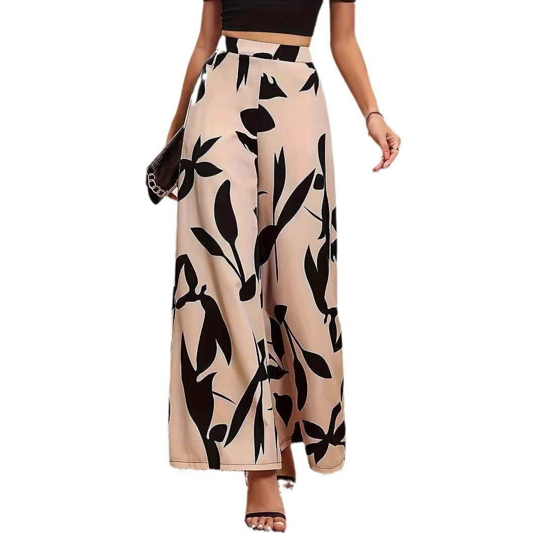 Leaf Print Wide-Leg Casual Pants