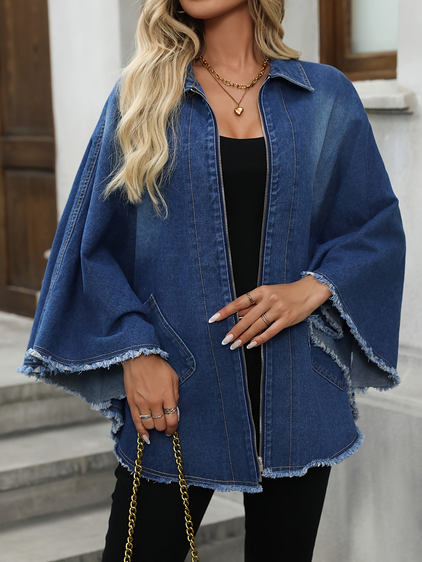 Raw-Hem Loose-Fit Zipper Batwing-Sleeve Oversize Elegant Denim Jacket