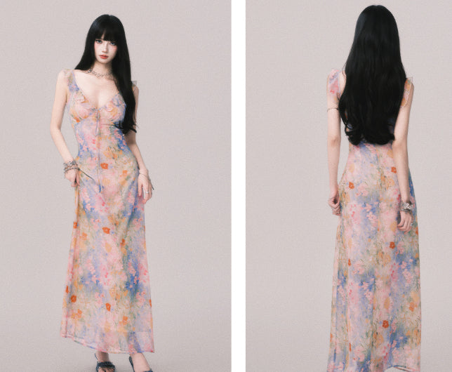 French Style V-neck Floral Strap Dress Seaside Vacation Style Long Dress