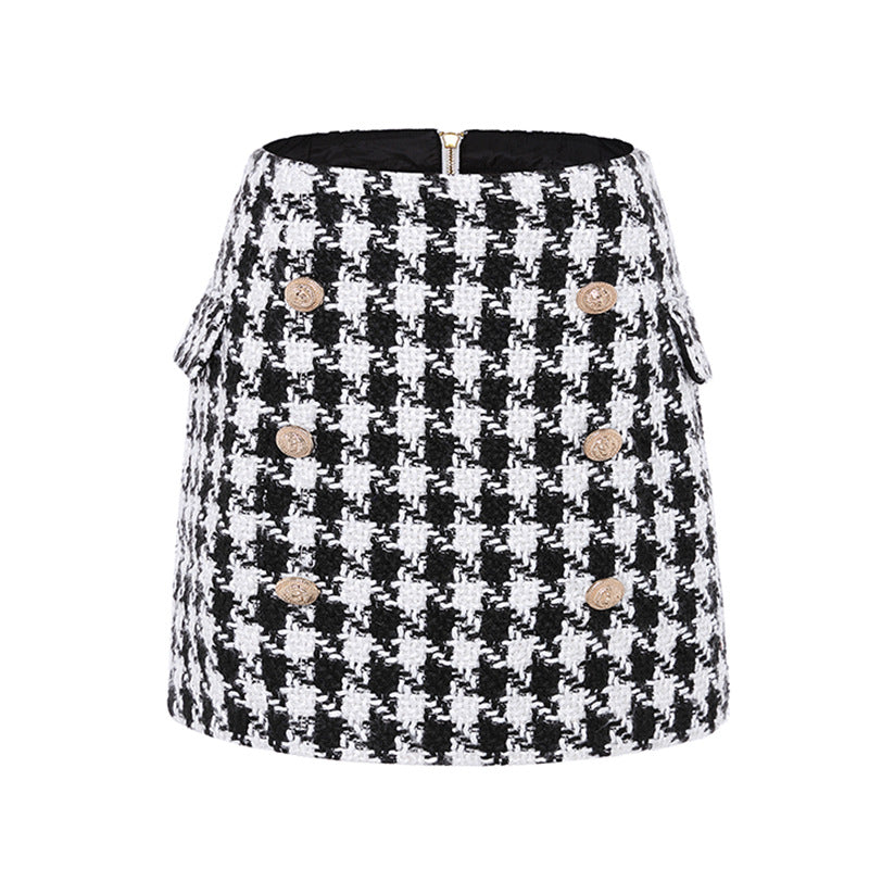 Double-Row Metal Buckle Houndstooth Skirt