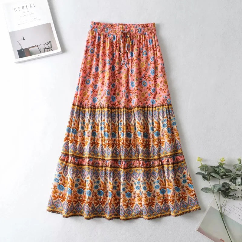 Women's Printed Elastic High-Waist Long Skirt