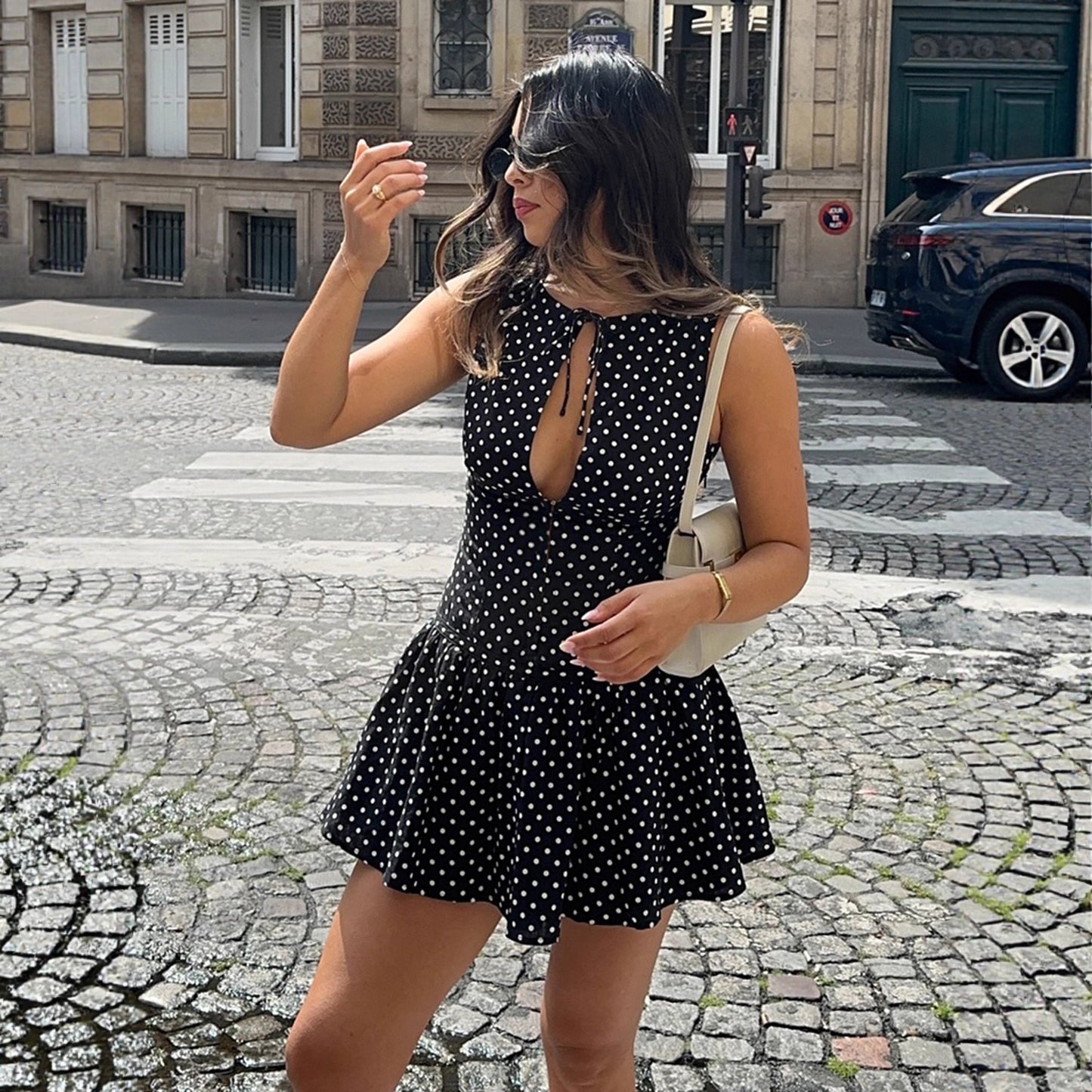 Deep V-Neck Hollow Lace-Up Polka Dot Dress