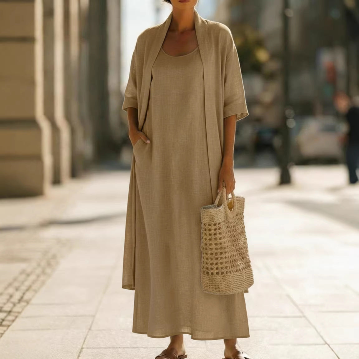 Womens Simple, Loose, Comfortable, Fashionable Cotton-Linen Two-Piece Dress Set