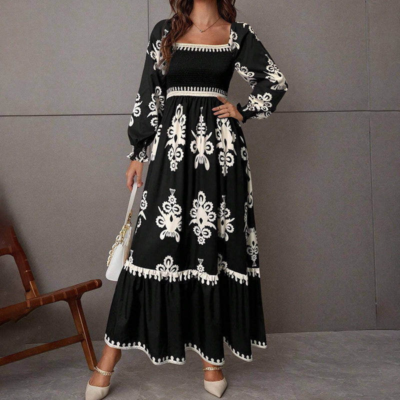 Elegant Retro Geometric Print Lantern-Sleeve Dress - US Only