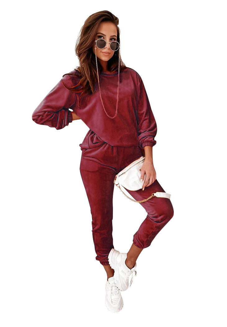 Pure Colour Gold Velvet Round-Neck Long-Sleeved Trousers - Casual Suit For Women