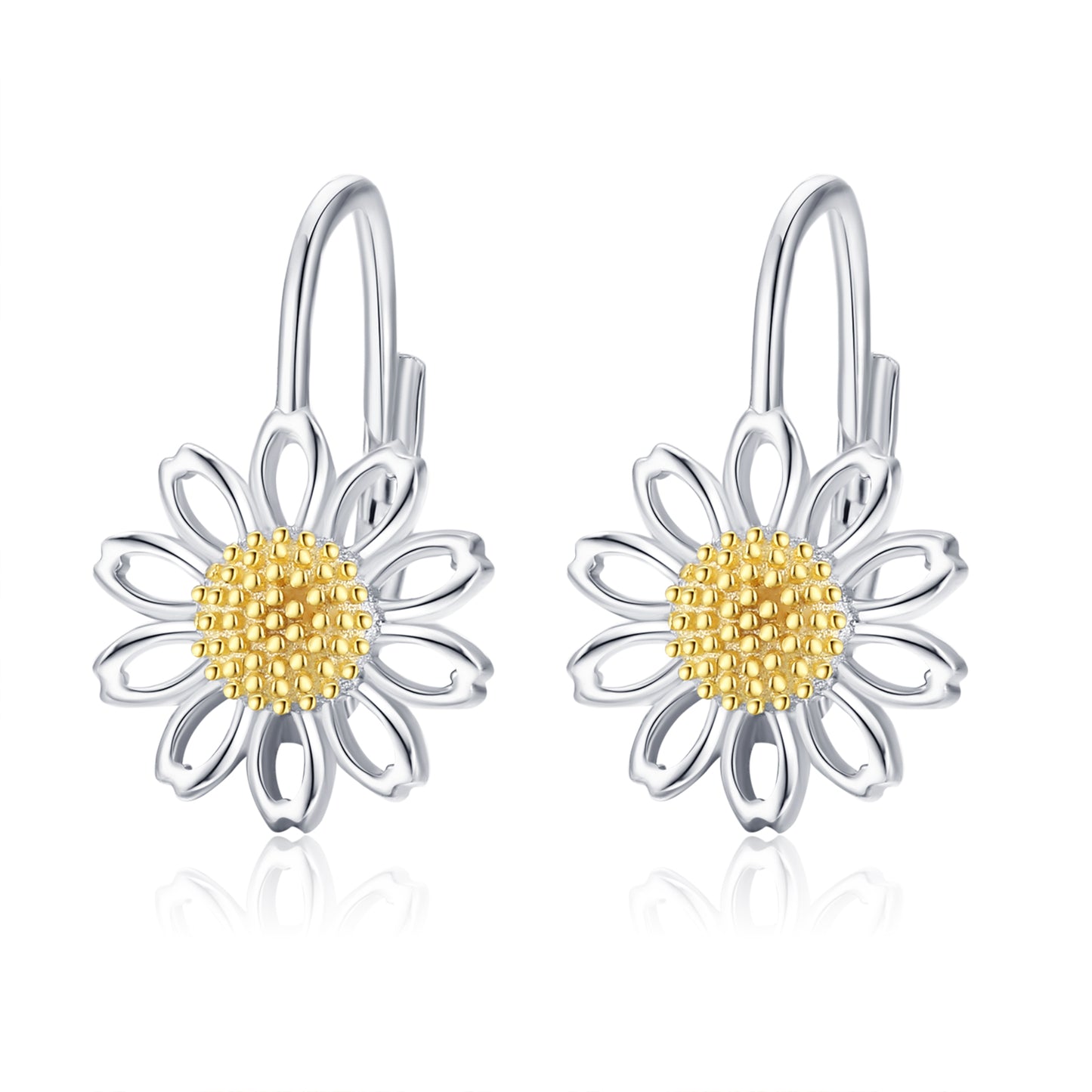 Daisy Leverback Hoop Earrings in White Gold-Plated Sterling Silver