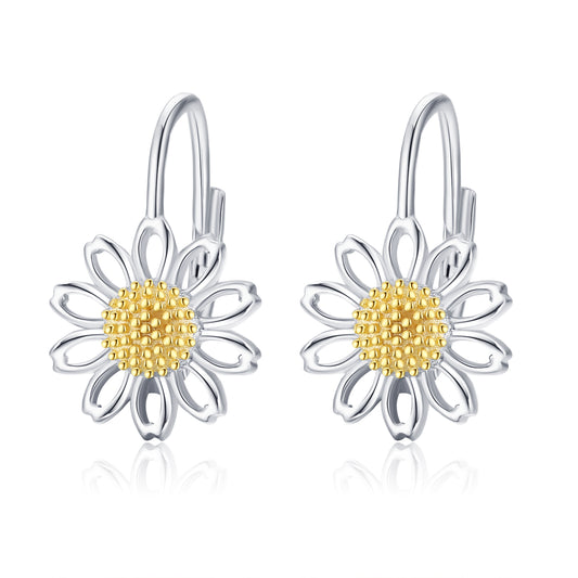 Daisy Leverback Hoop Earrings in White Gold-Plated Sterling Silver