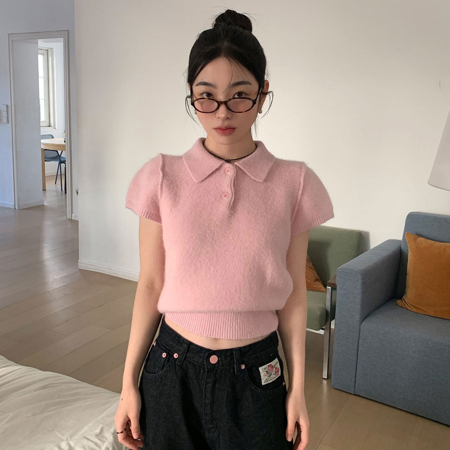 Youthful Polo-neck Two-button Short-sleeve Knit Sweater
