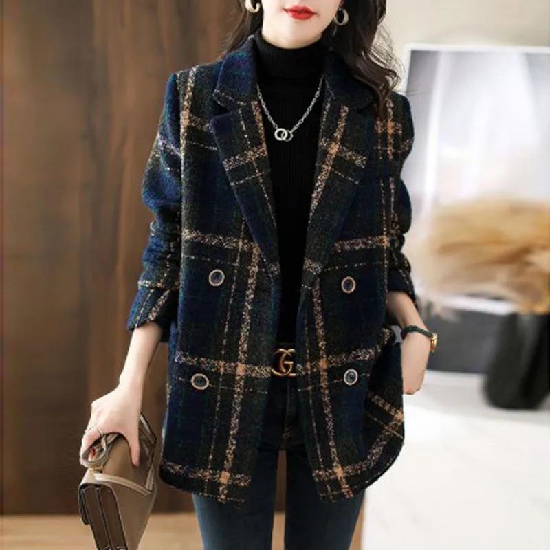 Slimming Retro Plaid Patchwork Coat - Wool Female Suit