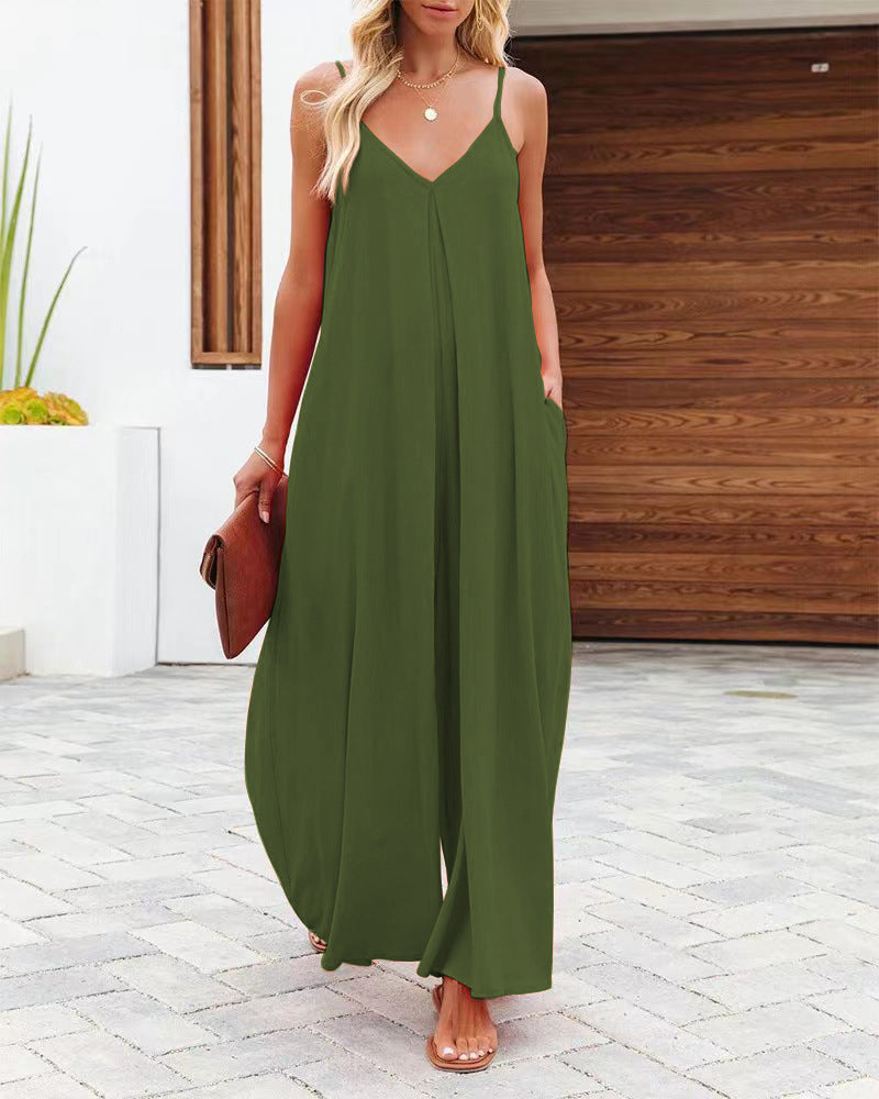 Women's Sling Wide-Leg Pants Solid-Colour Pocket Casual Jumpsuit