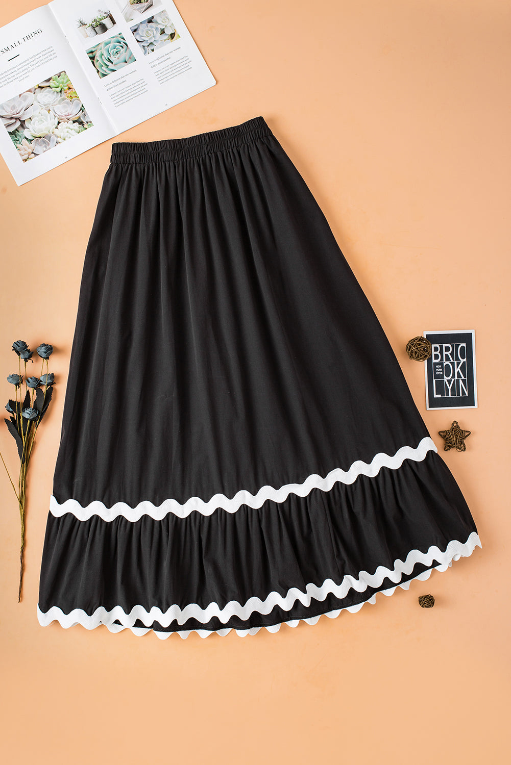 Black Ricrac Trim Colourblock High-Waist Skirt