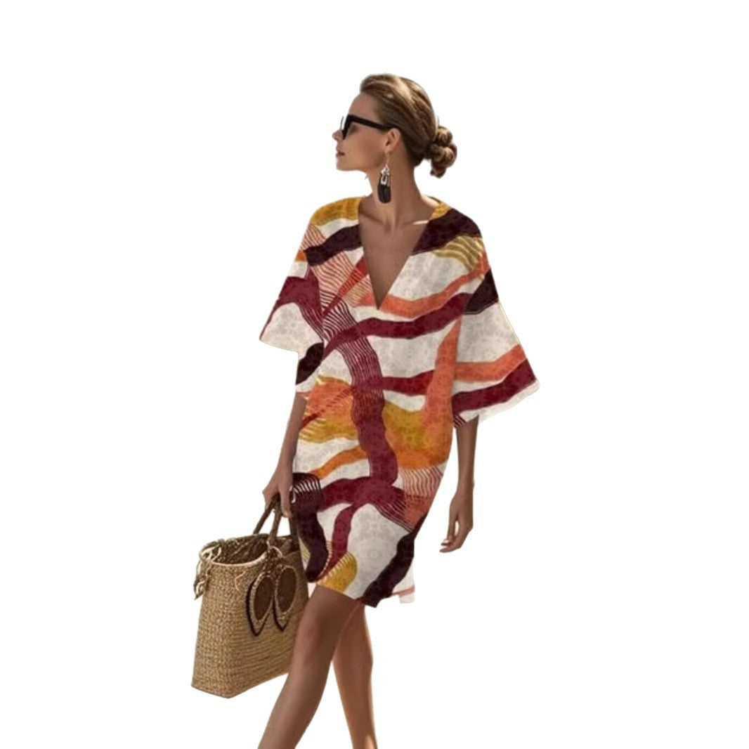 Loose Printed V-Neck Casual Holiday Dress