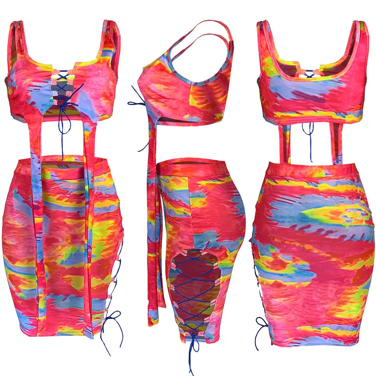 Tie-Dye Hollow Bandage Two-Piece Outfit