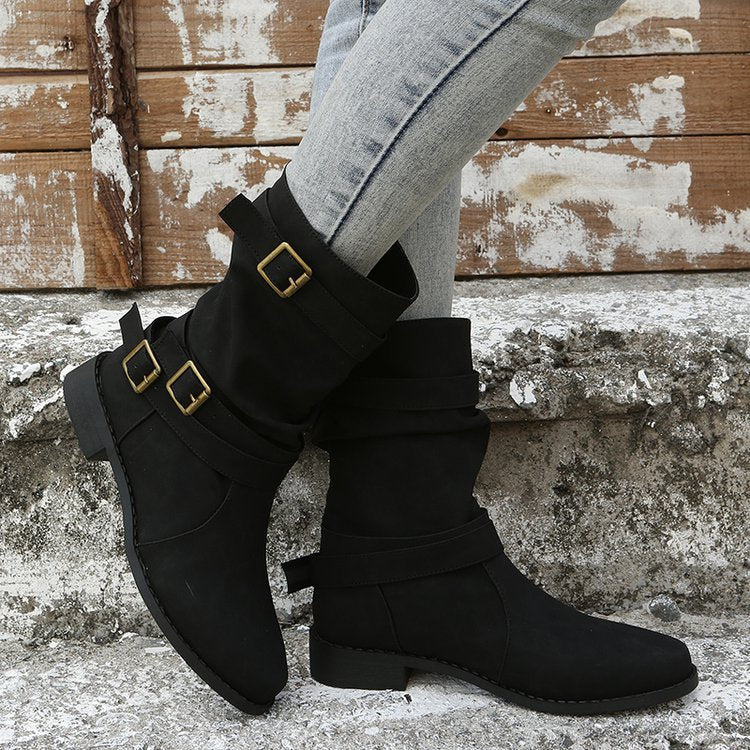 Low-Heel Vintage Adjustable-Buckle Boots