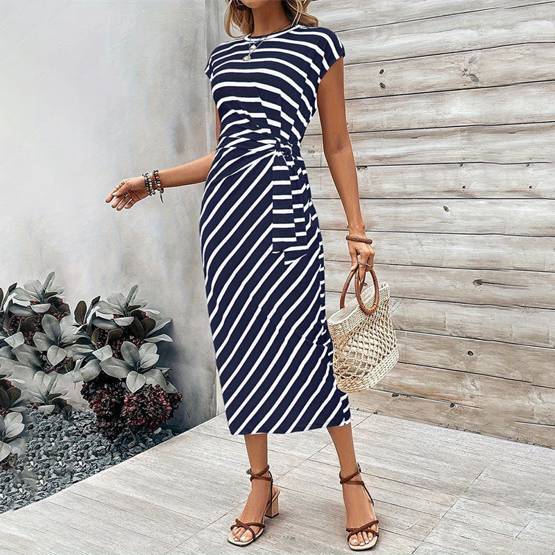 Waist-Strap Striped Round-Neck Short-Sleeve Long Pattern Dress