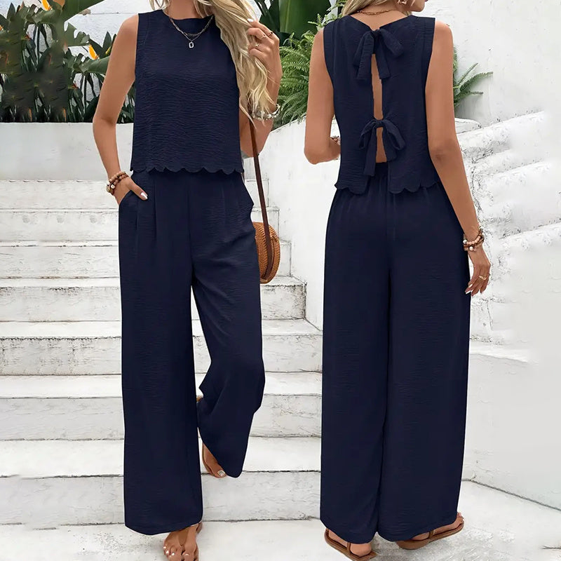 Sleeveless Crop Top Wide-Leg Pants Outfit - US Only