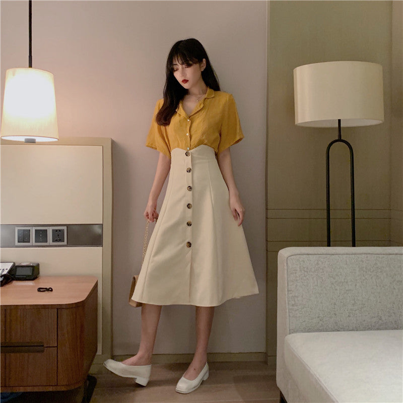 V-neck single-breasted retro umbrella skirt