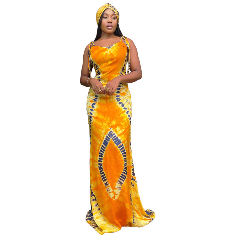Printed Suspender Slim-Fit Long Dress
