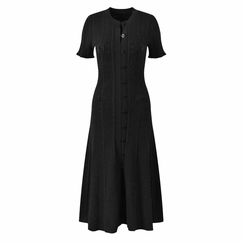 French Style Temperament Ladies Short Sleeve Wooden Ear Hollow Thread Single-breasted Knitted Dress