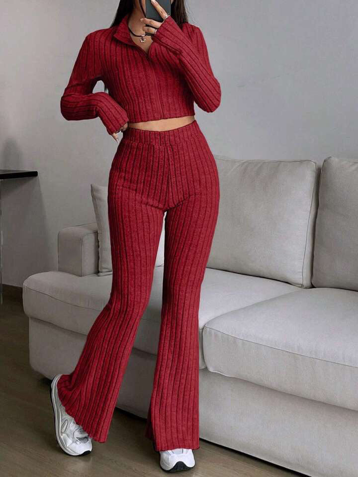 Fashionable Solid-Color Ribbed Two-Piece Set Zip-Up Long-Sleeve Cropped Top And High-Waist Flare Pants Suit
