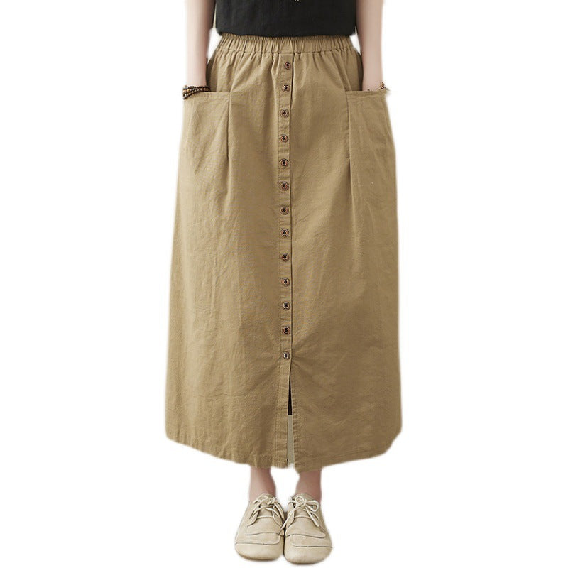 Literary Loose Solid Color Cotton And Linen Elastic Waist Skirt