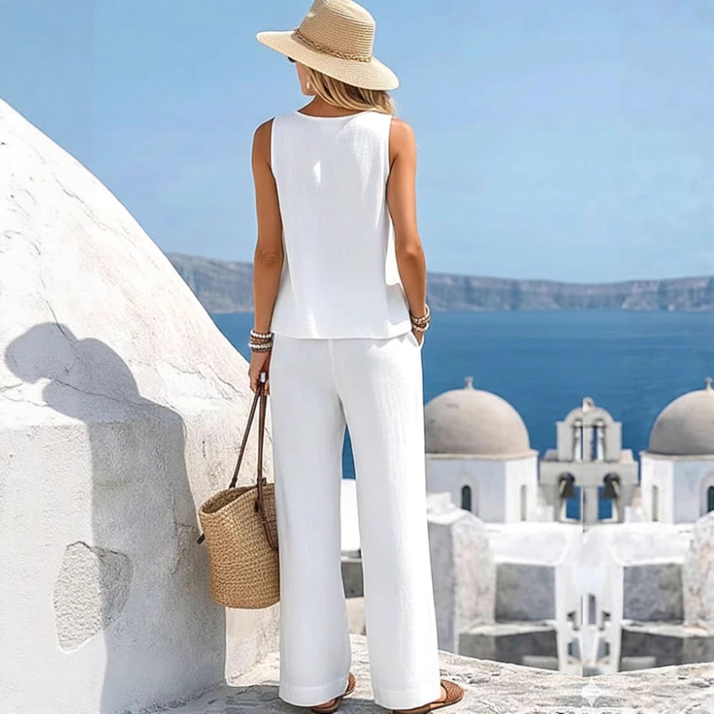 Casual Cotton-Linen Vest & Pants Outfit