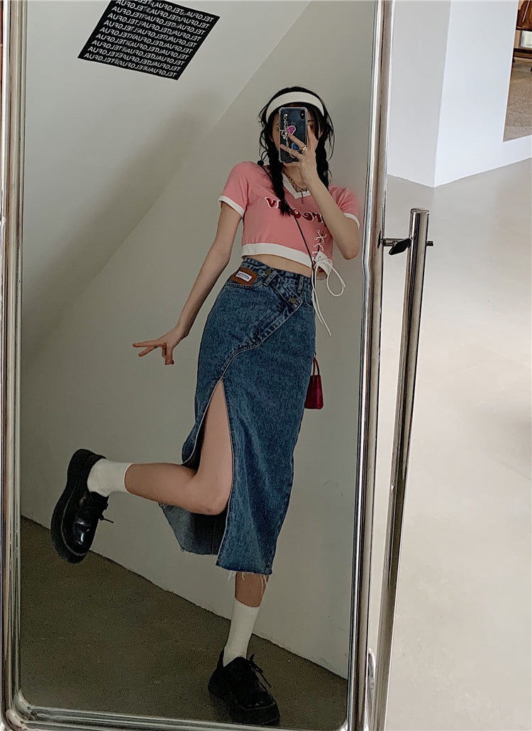 Slit Irregular Denim Skirt