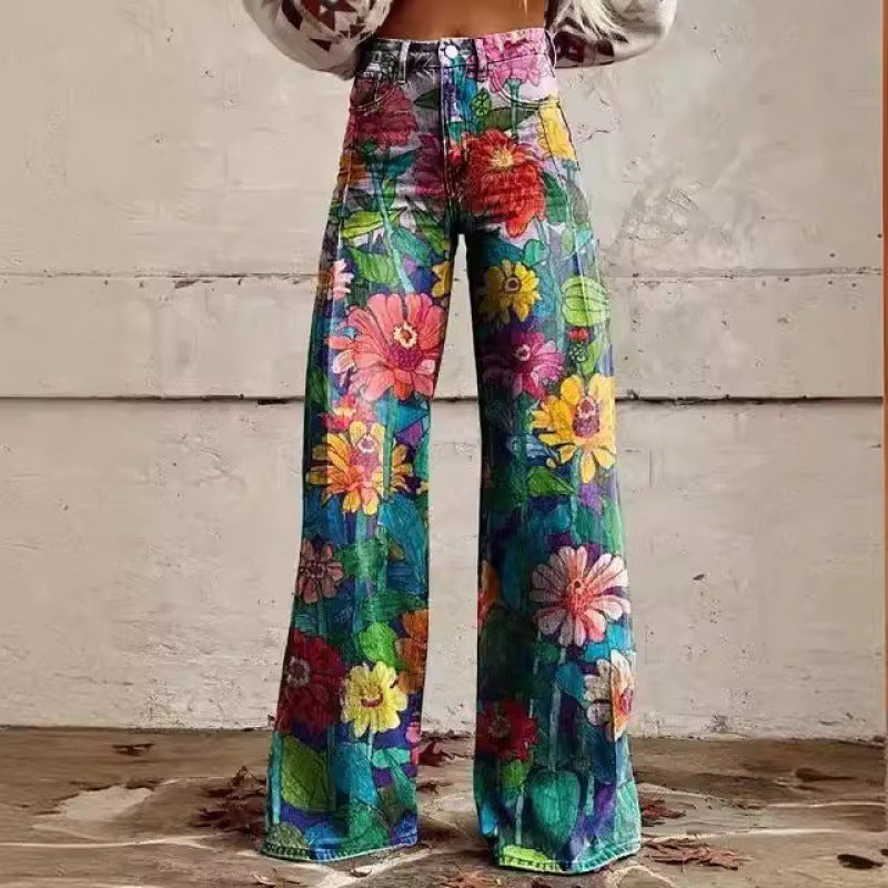 Printed High-Waist Loose Thin Imitation Denim Wide-Leg Pants