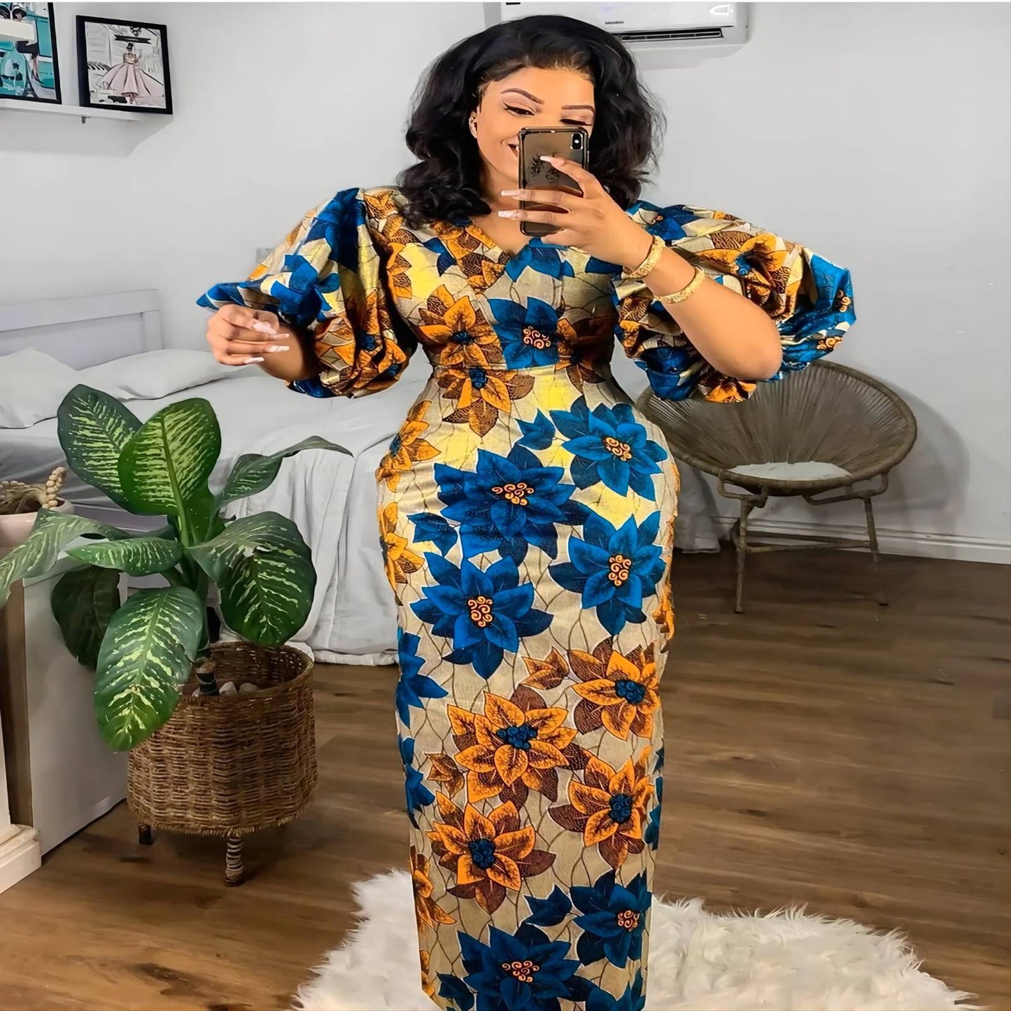 Printed Short-Sleeve Long Dress