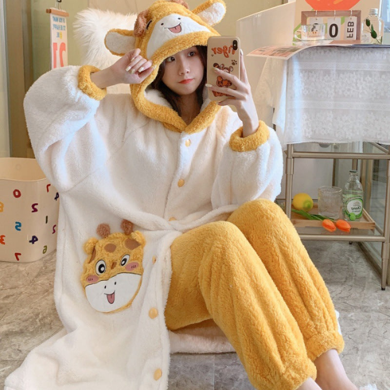 Plush Flannel Cartoon Cute Hooded Pyjamas