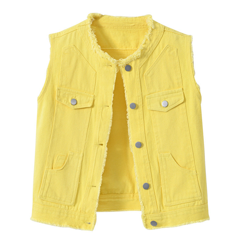 Candy-Colored Sleeveless Waistcoat With Raw Hem Womens Top