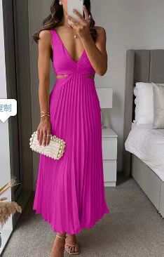 Summer New V-neck Sleeveless Hollow Backless Pleated Dress