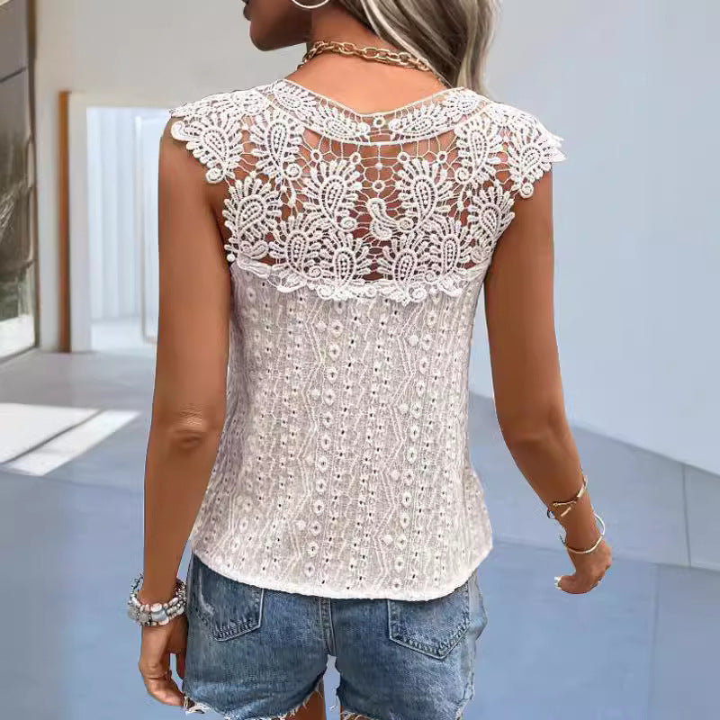 V-Neck Lace Splicing Pullover Sleeveless Top