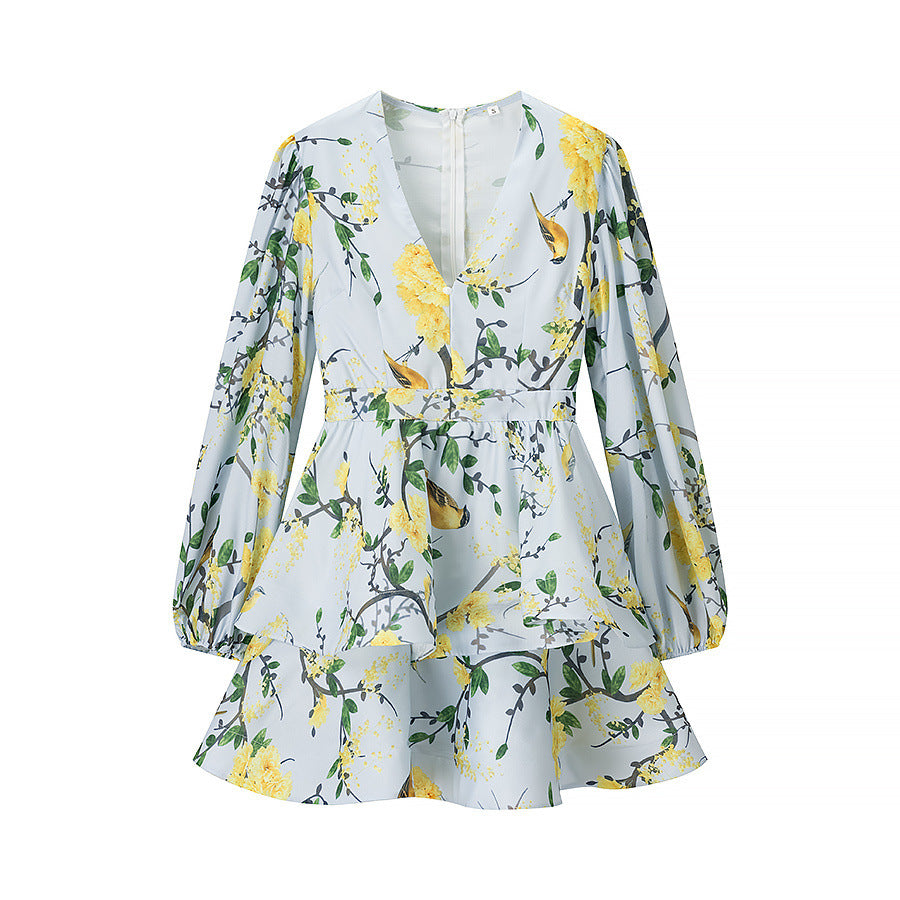 Printed V-Neck Lantern-Sleeve Short Dress