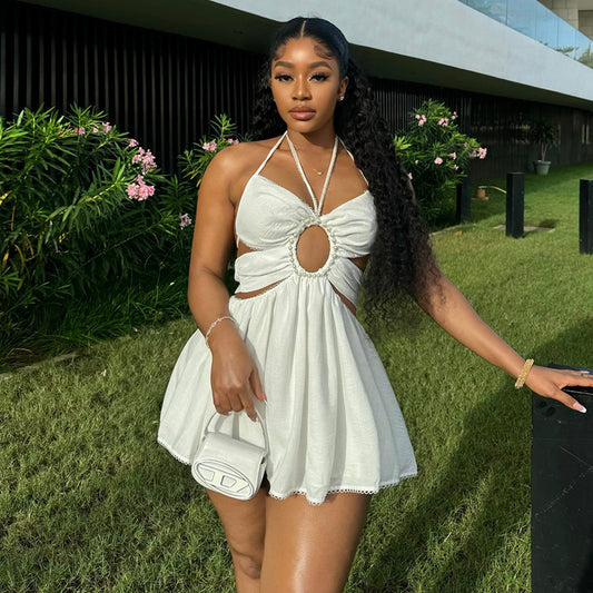 Halter Tether Beaded High-Waist Mini Dress
