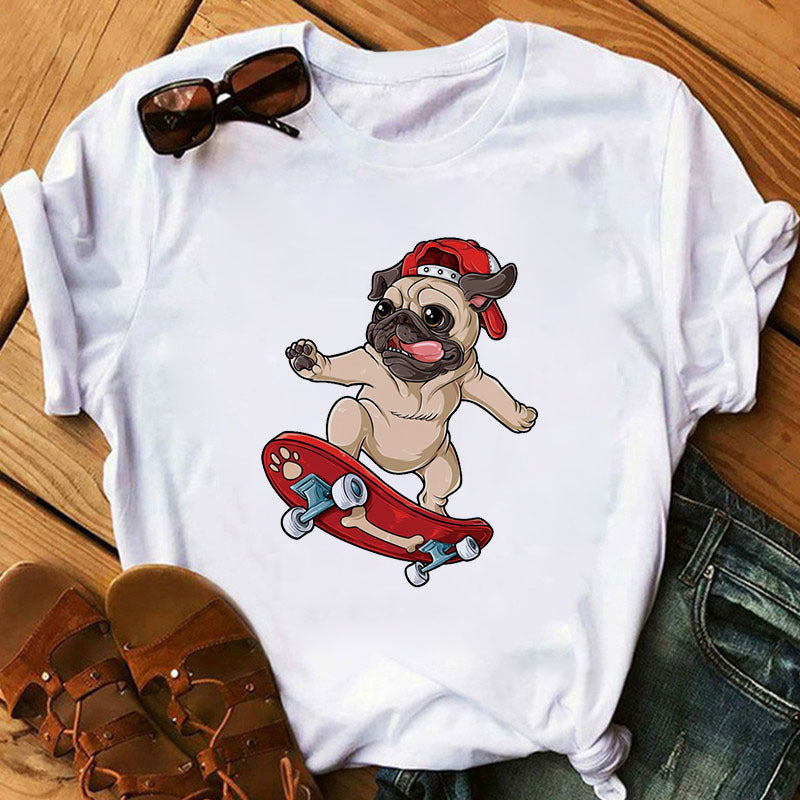 Pug Print Round-Neck Short-Sleeve Women's T-Shirt