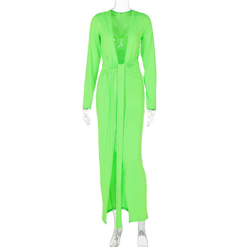 Women's Deep V-neck Long Sleeve Tied Split Dress