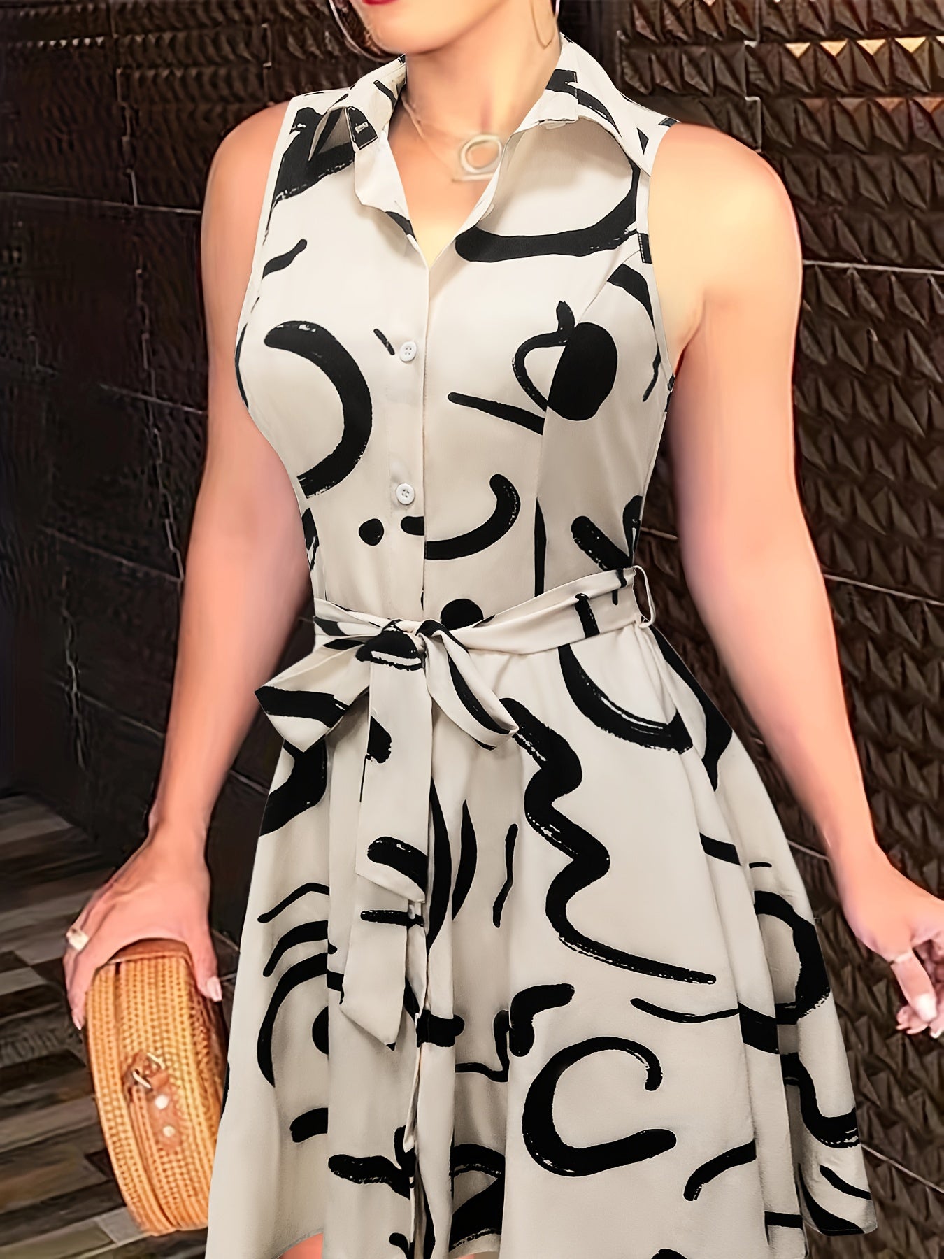 Abstract Print Button Sleeveless Dress