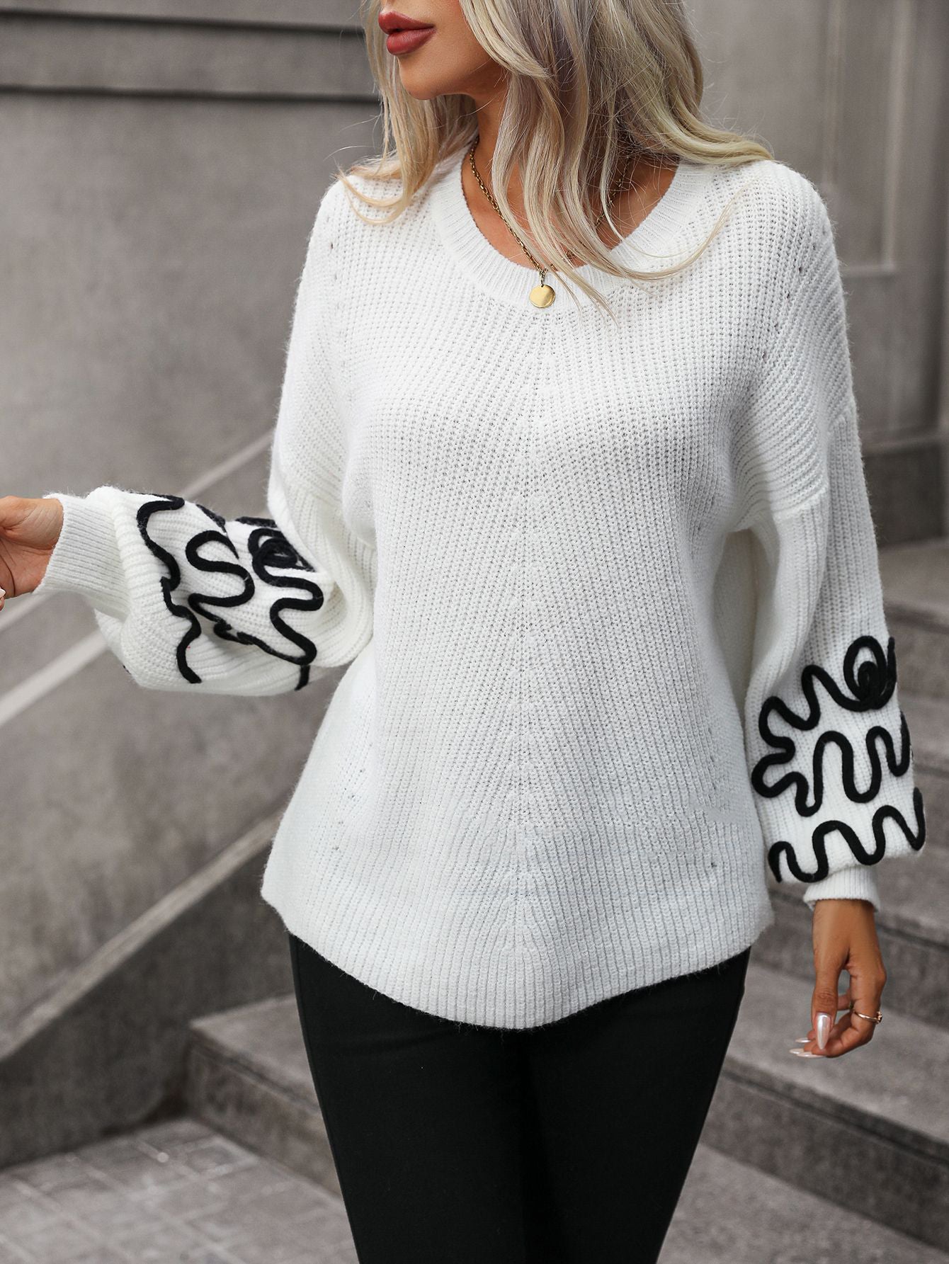 European & American Solid-Colour Pattern Fashionable Knitted Sweater