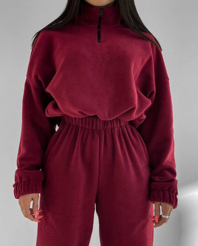 Loose Zipper Stand Up Collar Hoodie Two-piece Set