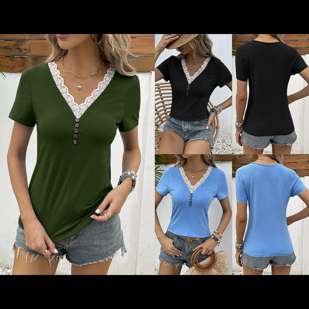 Lace V-Neck Patchwork Short-Sleeved T-Shirt