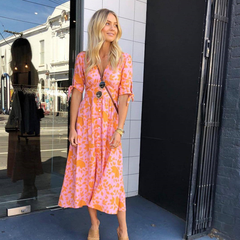 V-Neck Five-Point Sleeves Single-Breasted Printed Dress