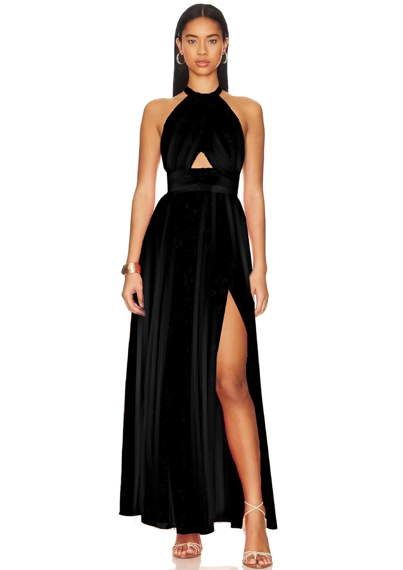Cross-Collar Printed Lace Pleated Sleeveless Dress