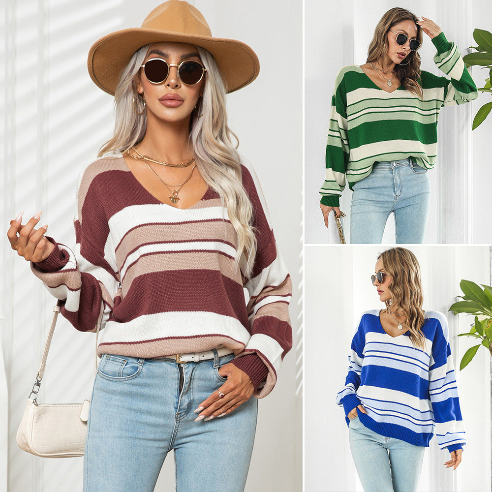 Loose Striped V-Neck Long-Sleeved Women's Sweater