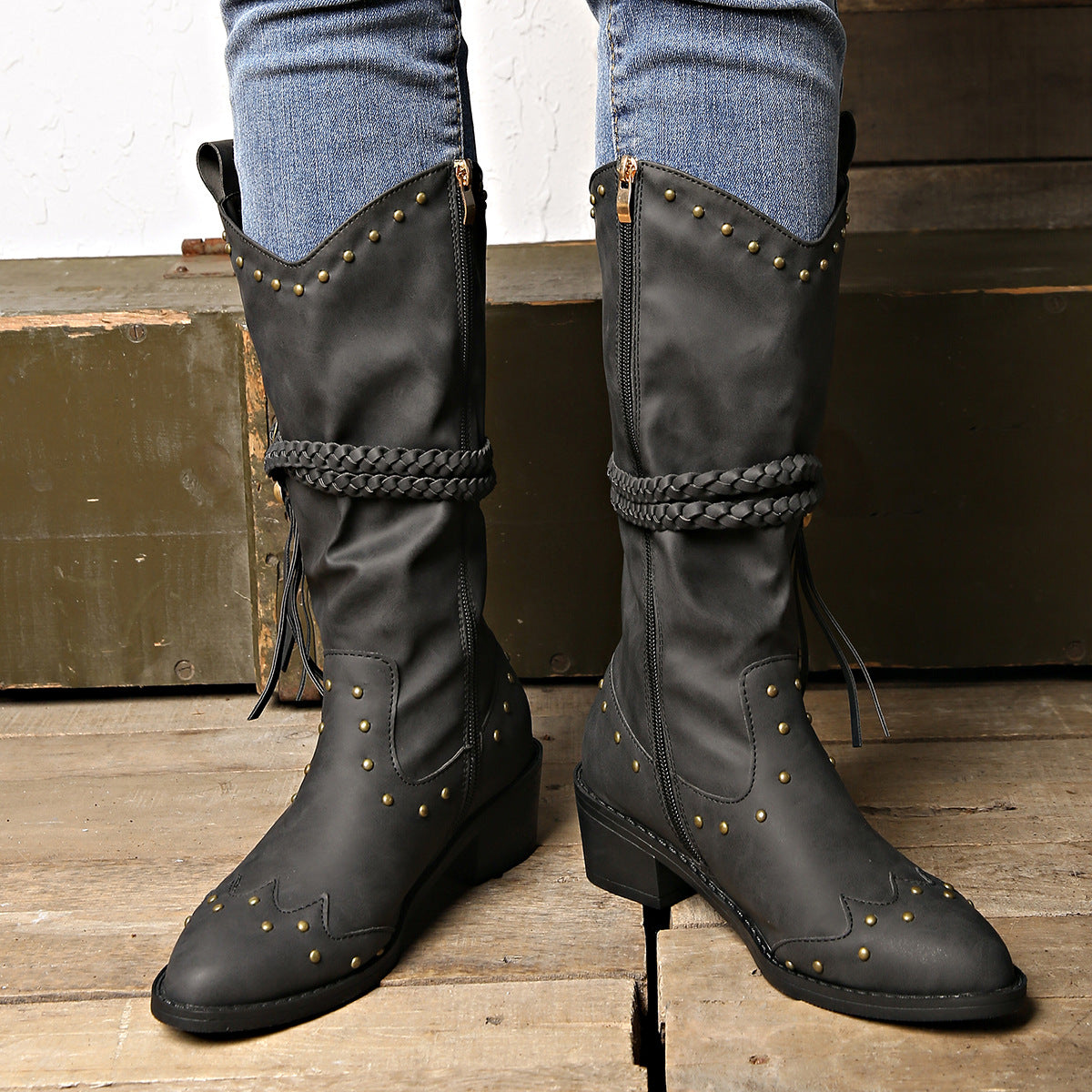 Retro Tassel Boots With Braided Strap Buckle