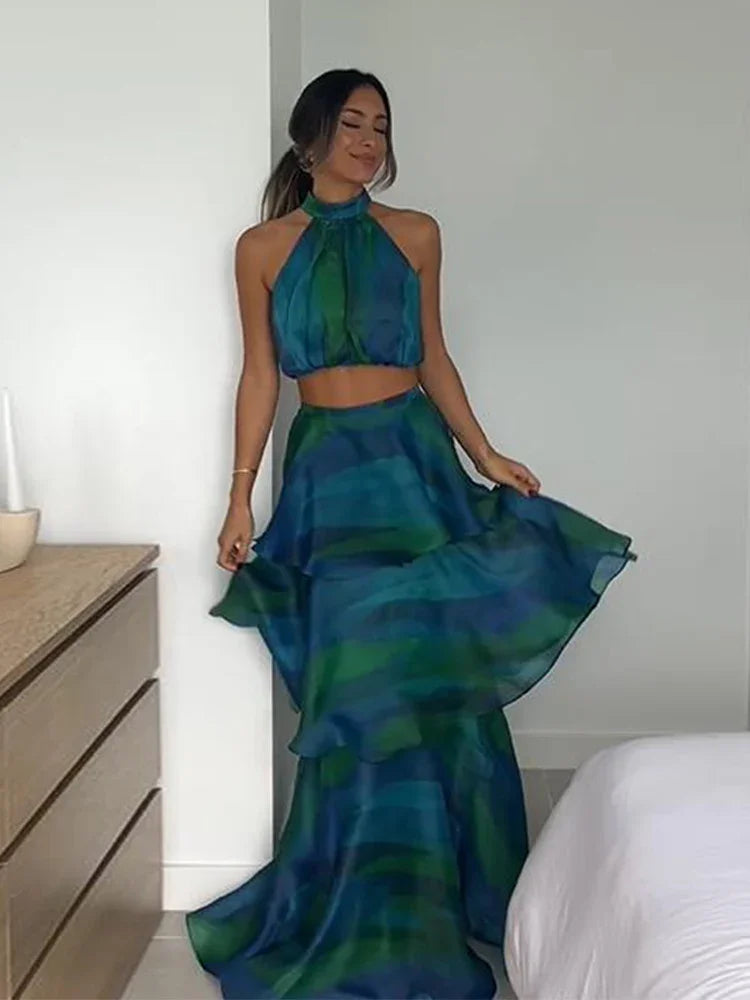 Printed Halter Top & Ruffles Skirt Outfit