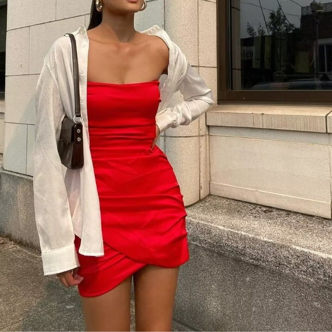 Off-Shoulder Pleated Slim-Fit Tube-Top Mini Dress