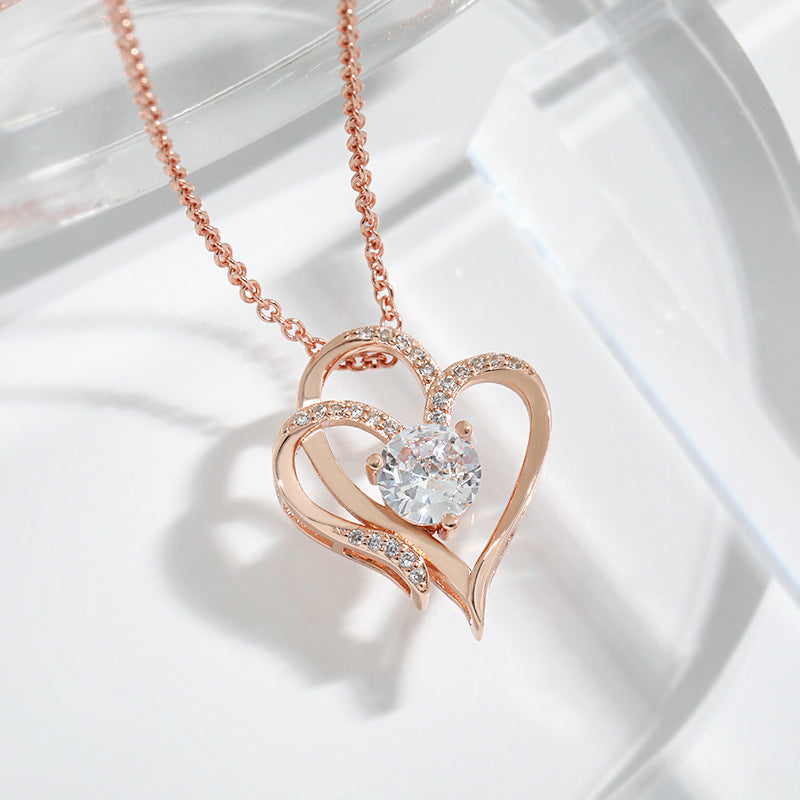 Zircon Double Love Necklace With Rhinestones - Personalised Heart-Shaped Necklace Clavicle Chain Jewellery For Women